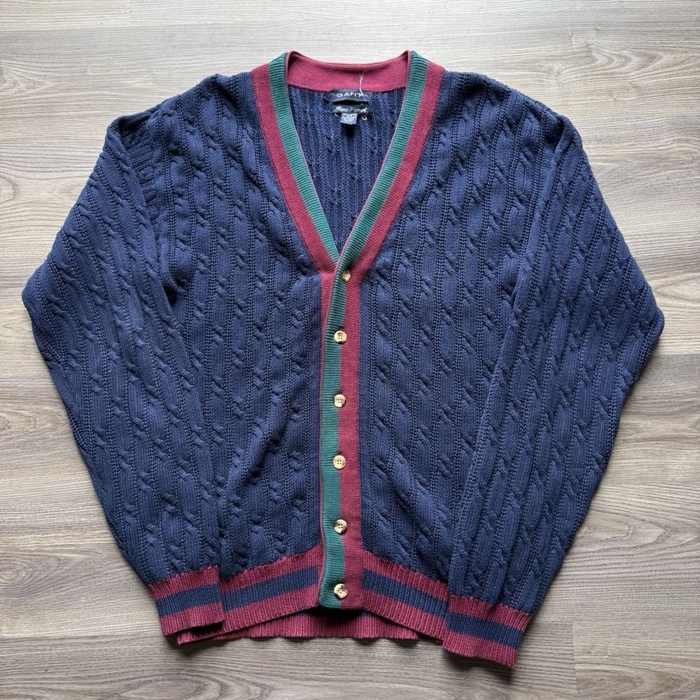VTG Gant Mens Navy Cotton Hand Framed Sweater Cardigan Academia Prep XLT